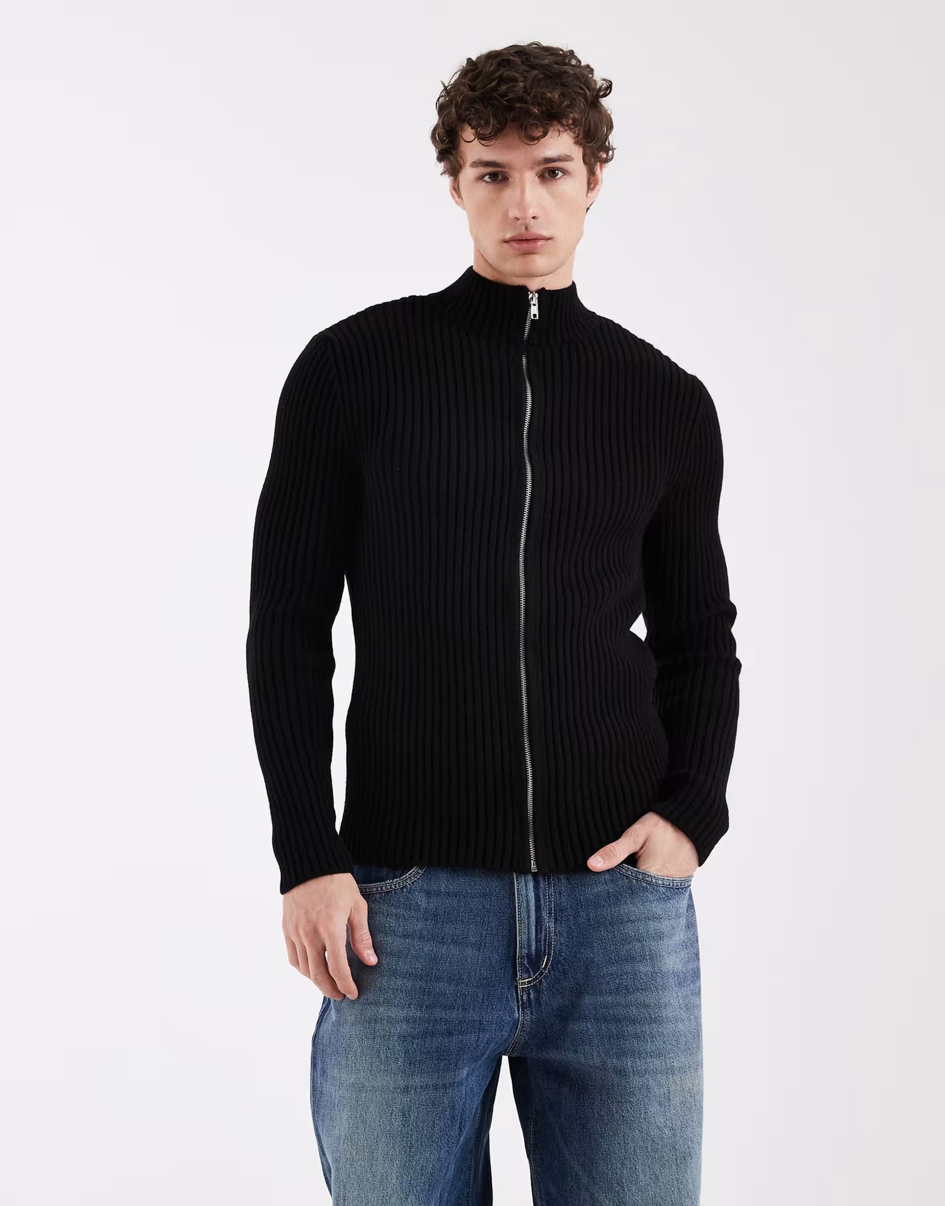 ASOS ASOS DESIGN knitted ribbed zip through cardigan in black