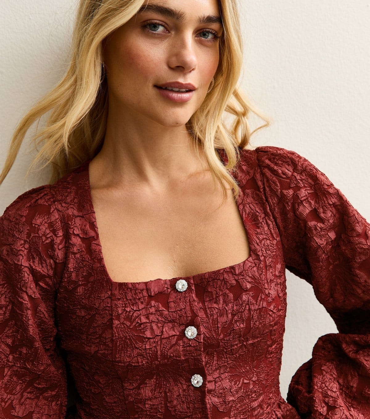 New Look Burgundy Jacquard Square Neck Button Top
