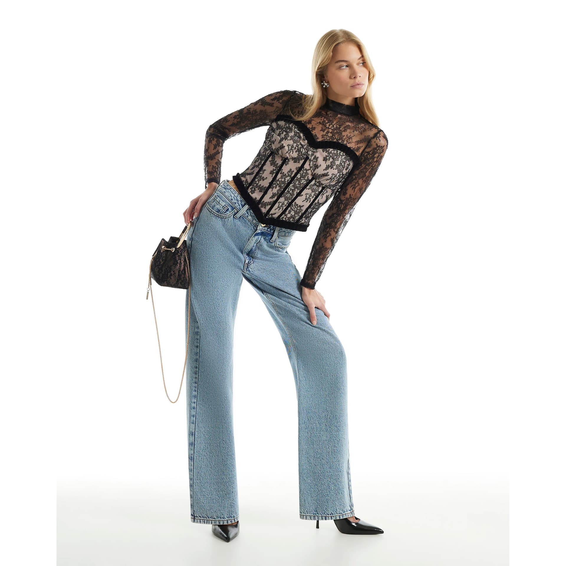 River Island River Island Womens Black Lace Long Sleeve Corset Top
