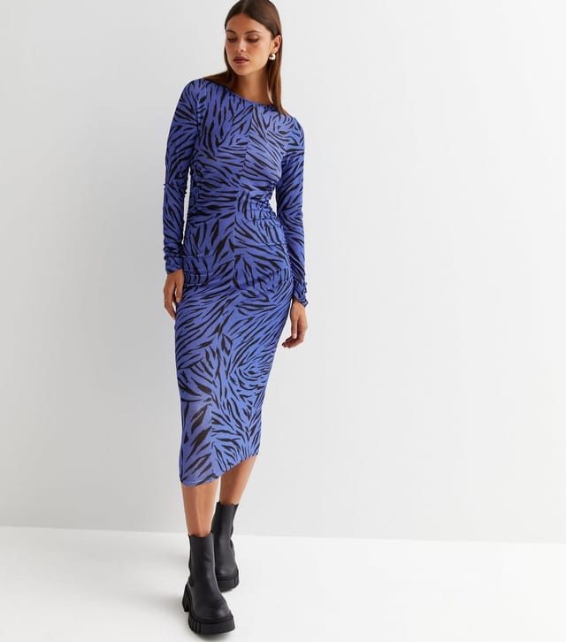 New Look Women's Blue Zebra Print Jersey Ruched Bodycon Midi Dress New Look - 2