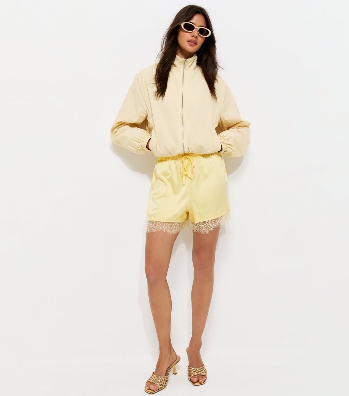 New Look Women's Light Yellow Satin Lace Trim Shorts New Look