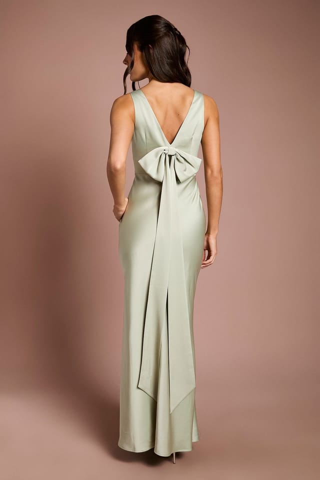 Coast Coast Women's Square Neck Satin & Crepe Bridesmaid Dress with Bow Back in Sage - 3