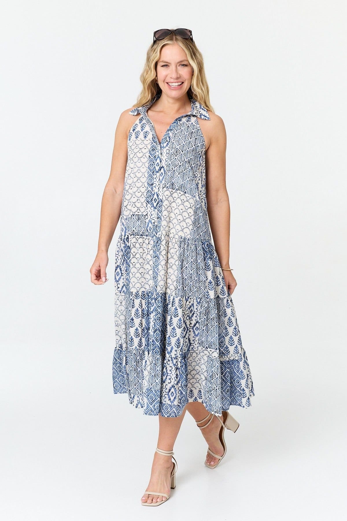 Izabel London Blue Printed Sleeveless Shirt Midi Dress