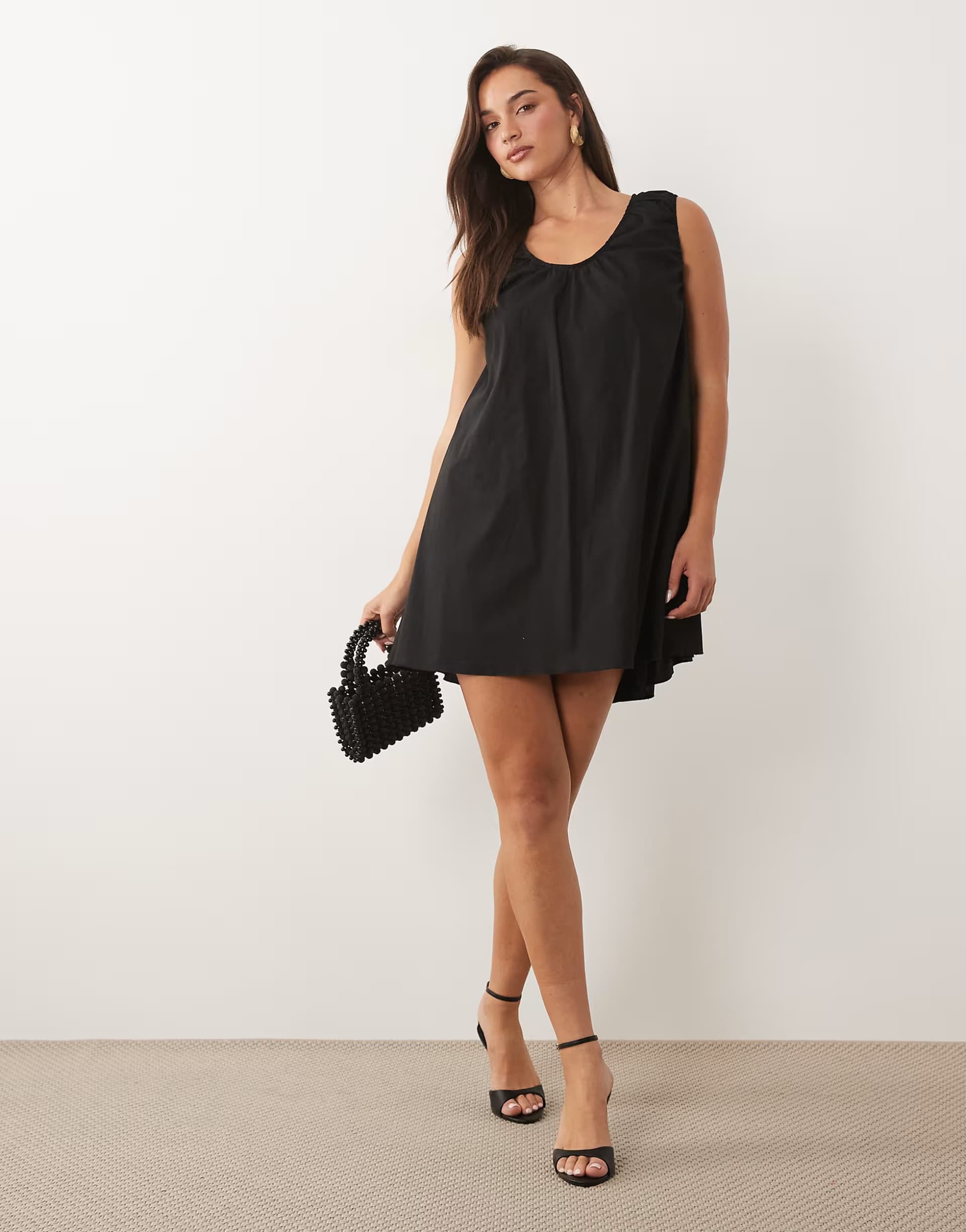 ASOS Fashionkilla exclusive cotton rich poplin scoop ruched neck detail trapeze mini dress in black