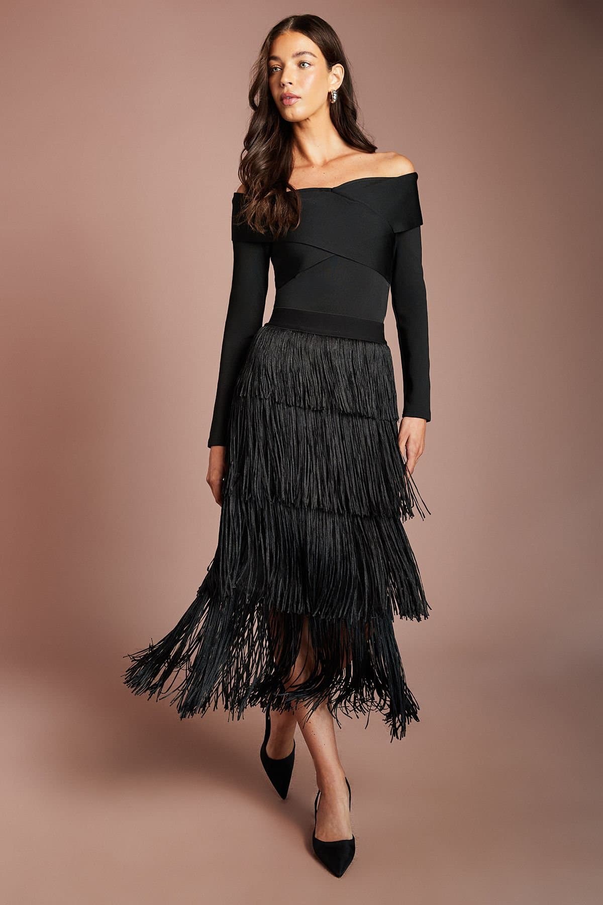 Coast Coast Women's Fringed Tiered Midi Skirt in Black