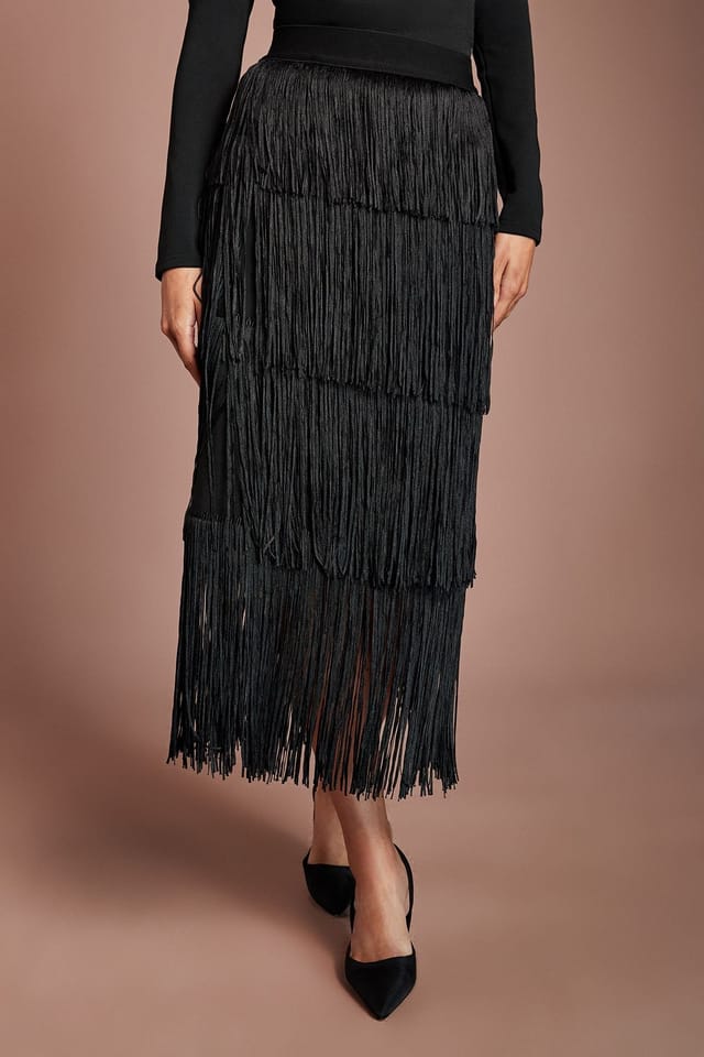 Coast Coast Women's Fringed Tiered Midi Skirt in Black - 2