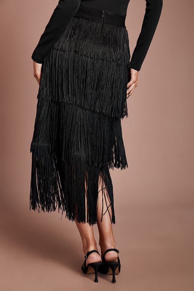 Coast Coast Women's Fringed Tiered Midi Skirt in Black - 3