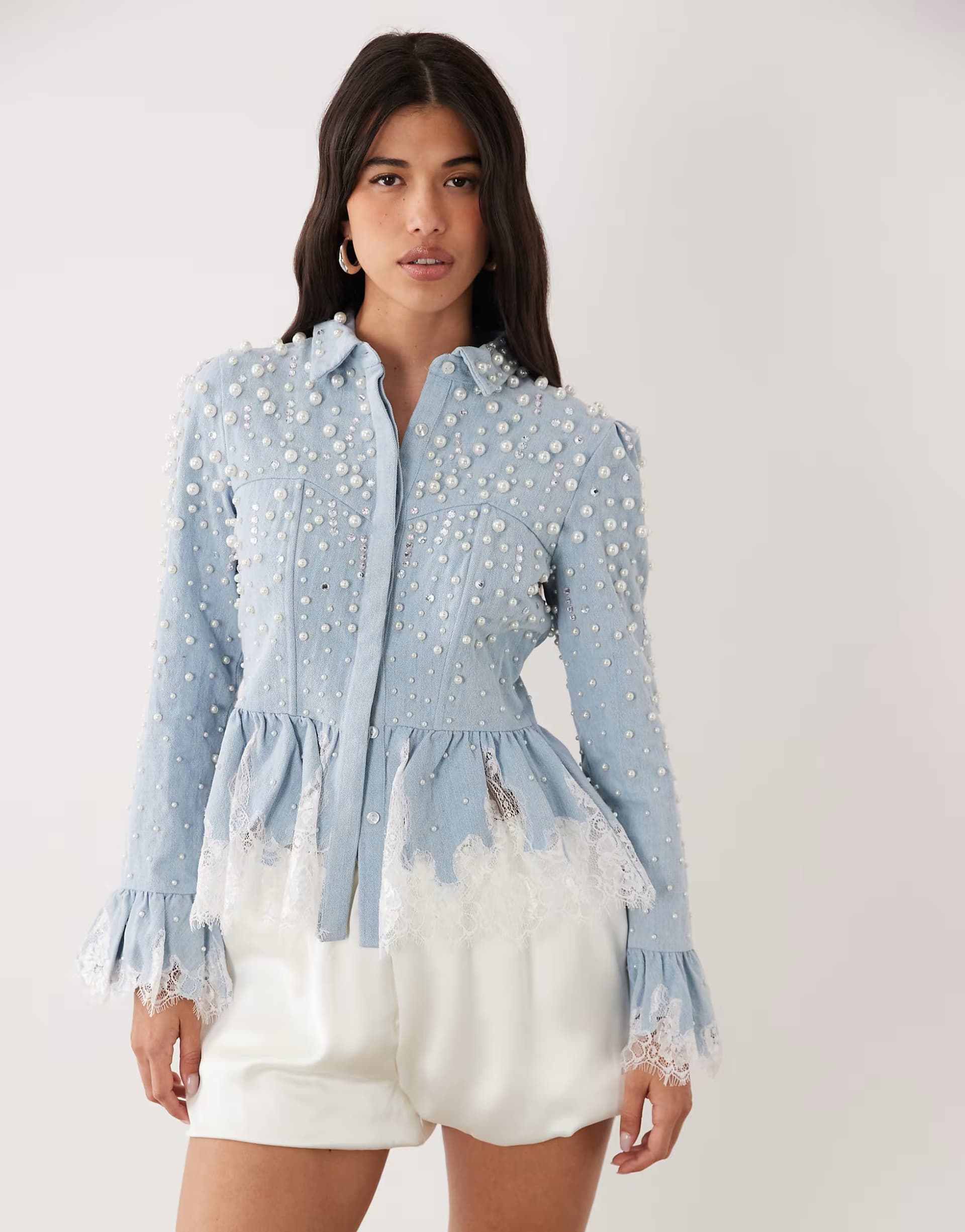 ASOS ASOS LUXE Peplum denim corset shirt with lace and pearl detail in light blue