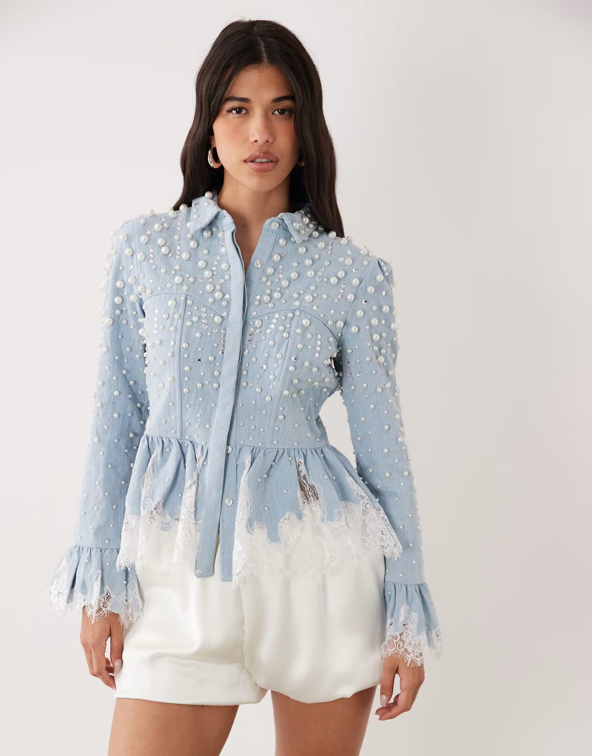 ASOS LUXE Light Blue Denim Corset Shirt with Lace and Pearl