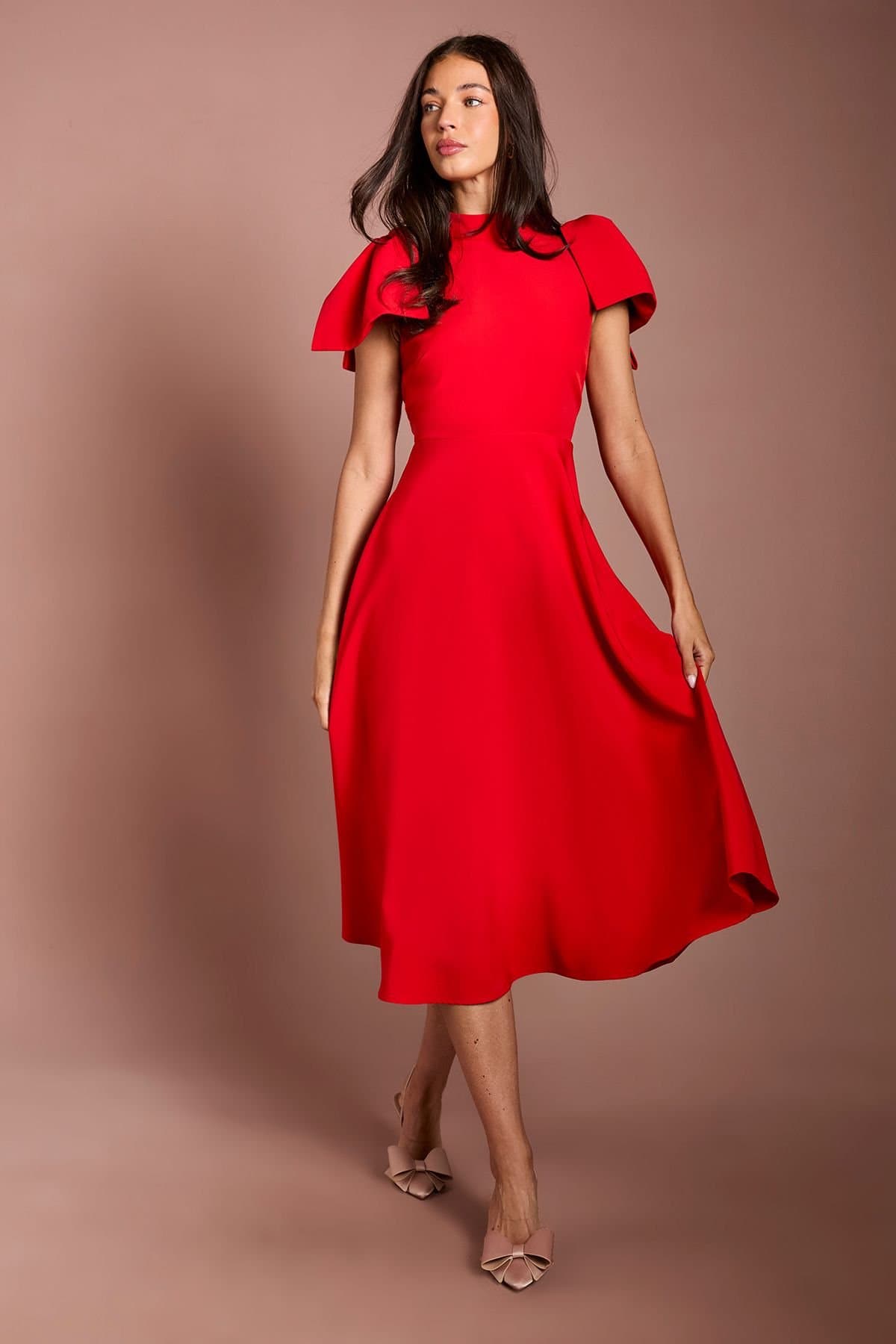 Coast Coast Women's Bow Shoulder Crepe Midi Dress in Flame Red