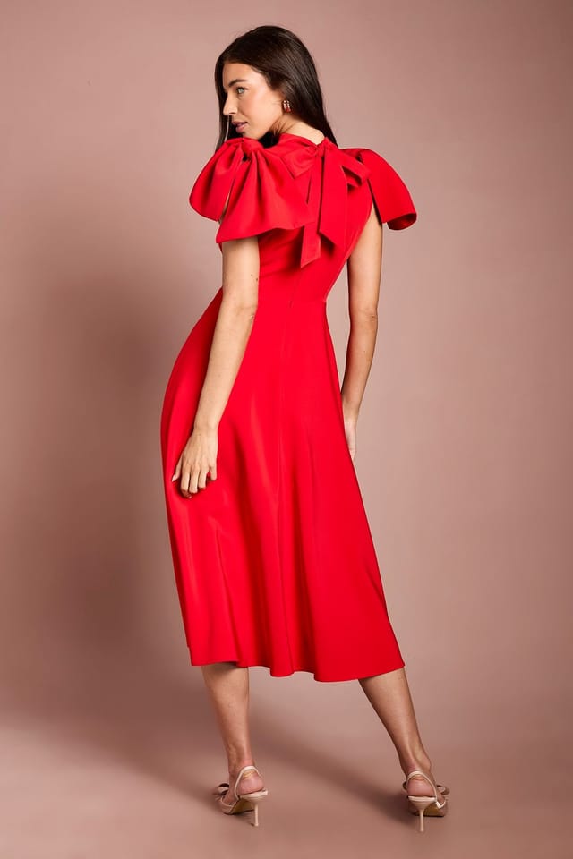 Coast Coast Women's Bow Shoulder Crepe Midi Dress in Flame Red - 3