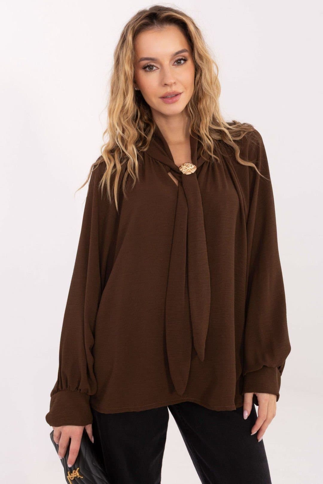 Love Lace Love Lace Women's Viscose Tie Neck Blouse with Brooch in Brown