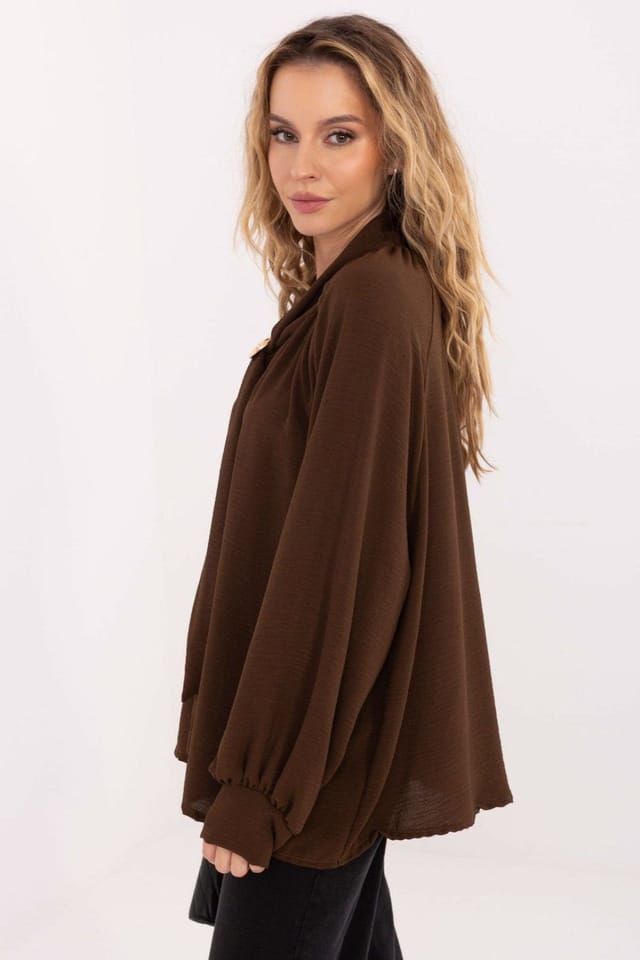 Love Lace Love Lace Women's Viscose Tie Neck Blouse with Brooch in Brown - 2