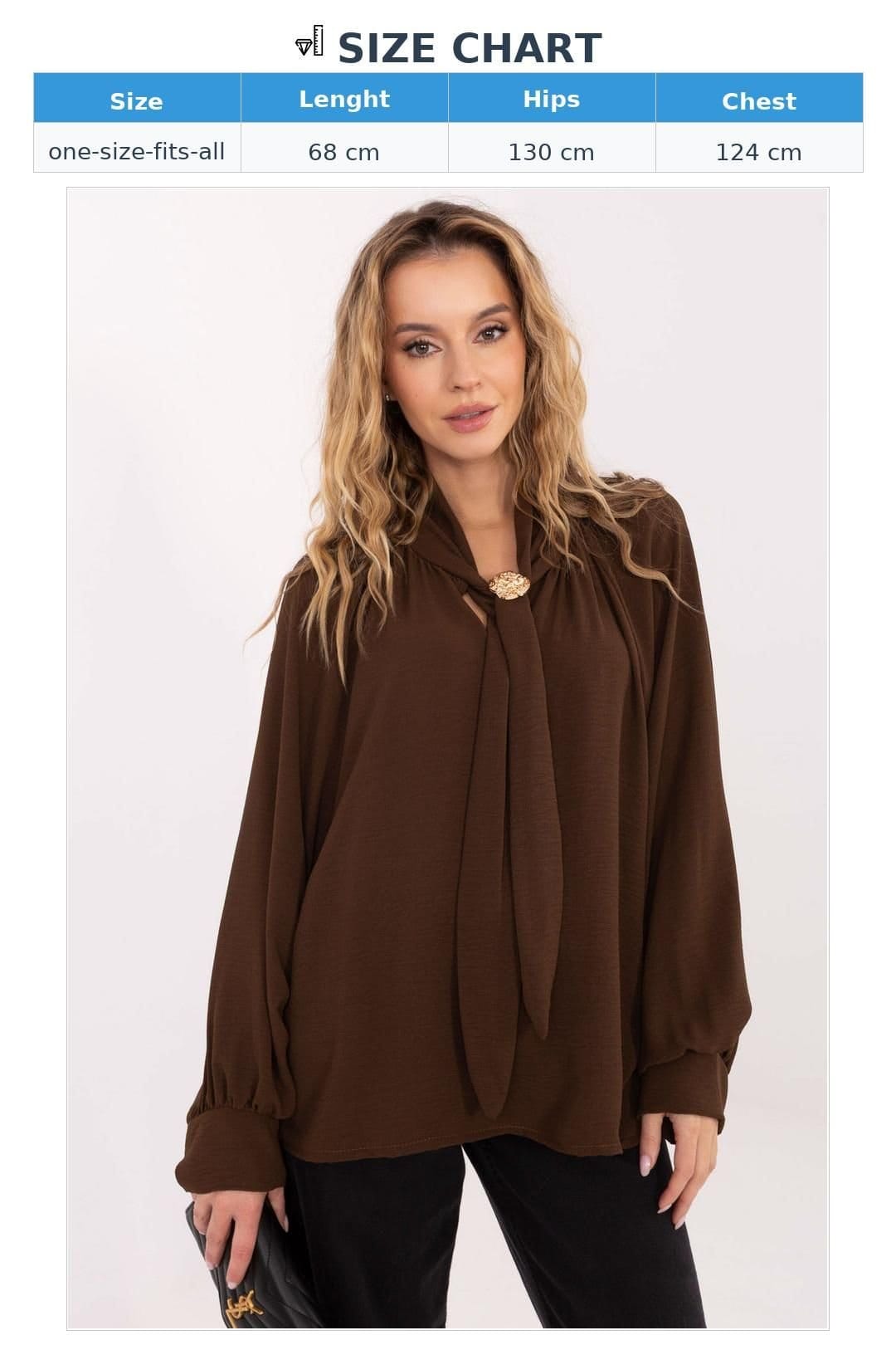 Love Lace Love Lace Women's Viscose Tie Neck Blouse with Brooch in Brown - 4