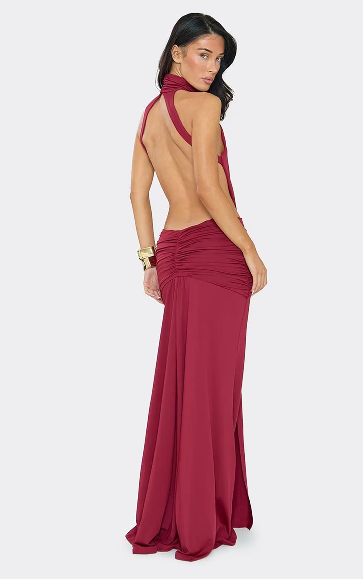 EGO High Neck Cut Out Drape Front Maxi Dress In Burgundy., Women's Size UK S