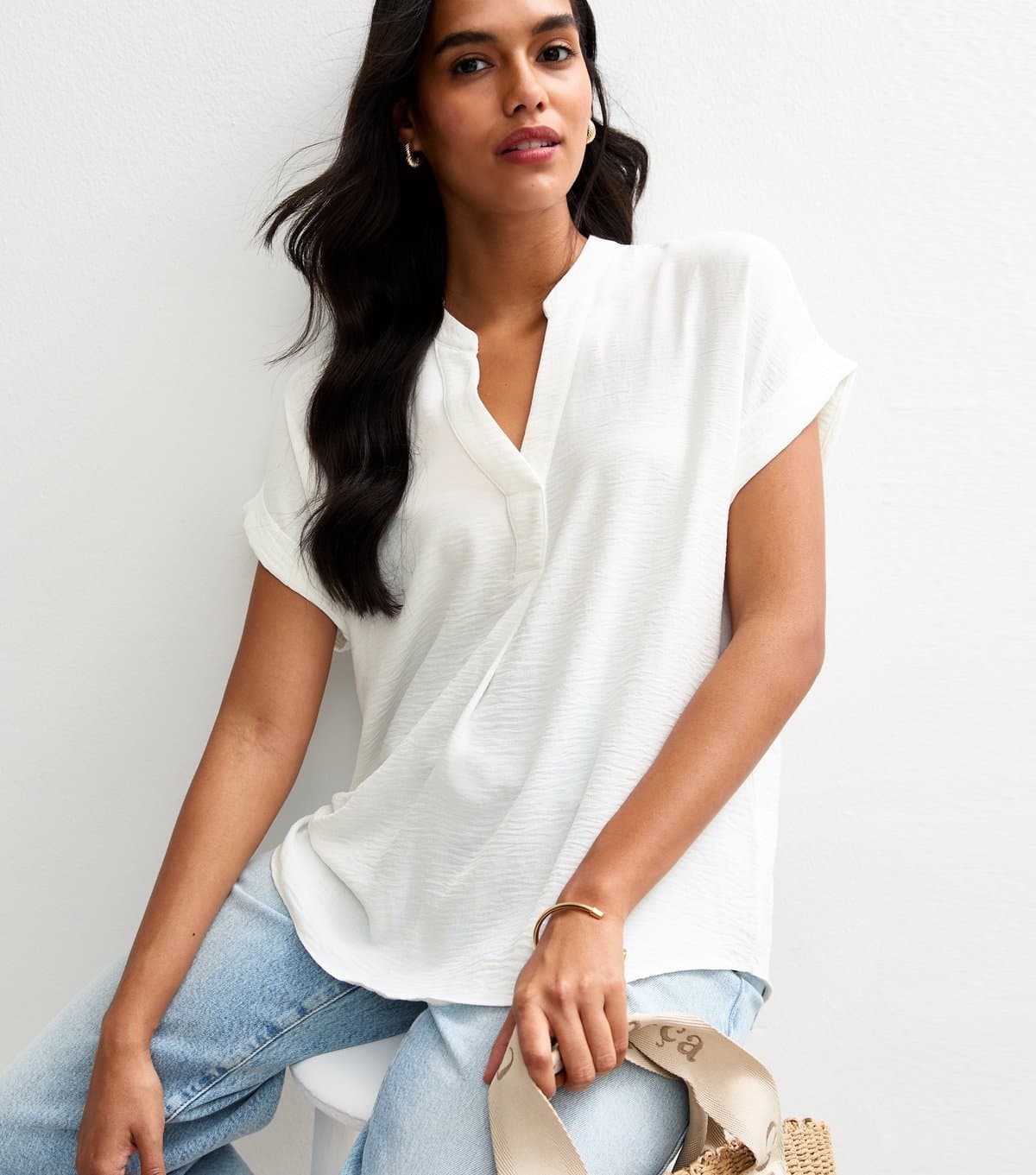 New Look Women's White Crinkled Collared Top New Look