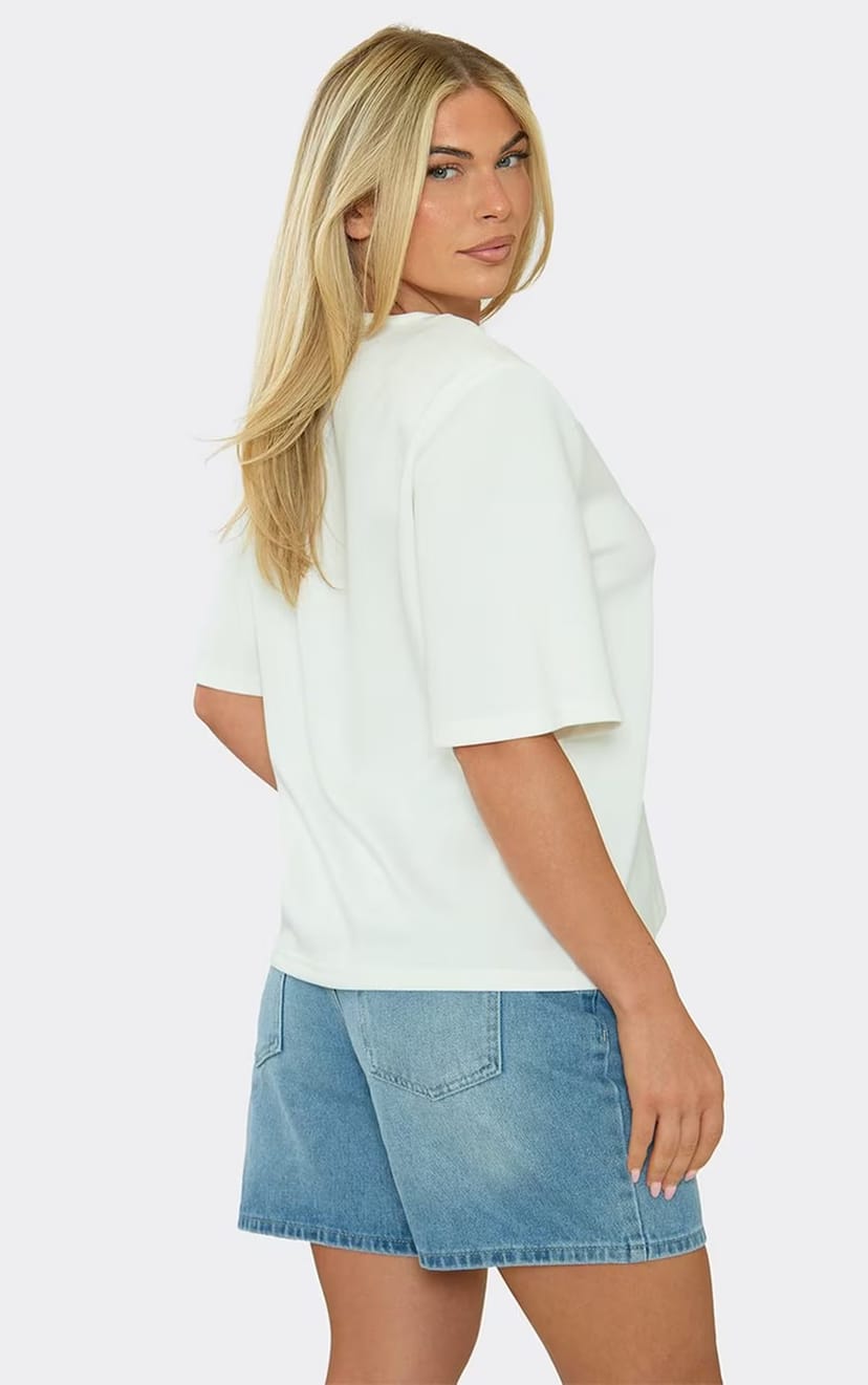 EGO Short Sleeve V Neck Boxy Top In White, Women's Size UK S/M - 1