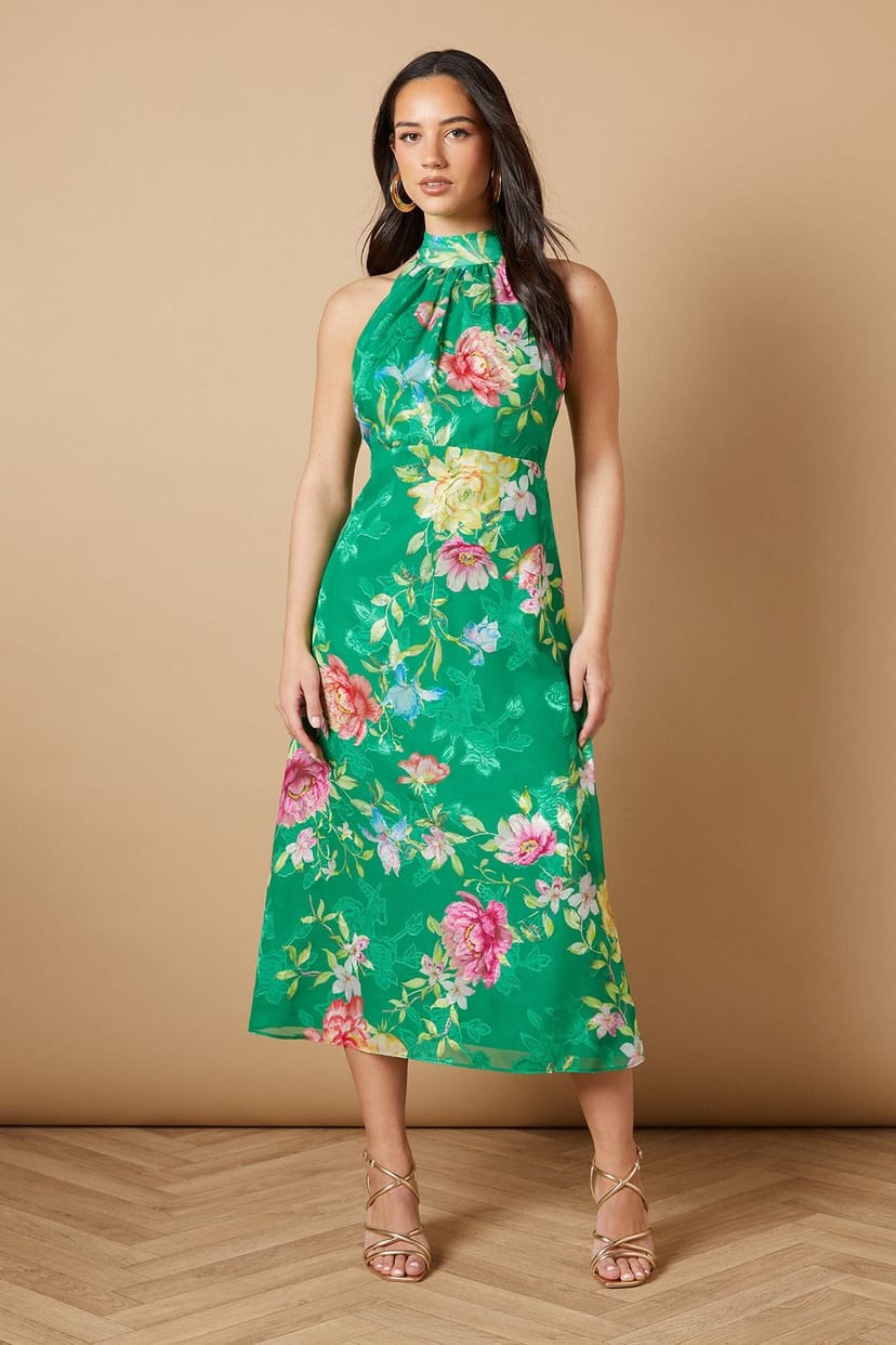 Oasis Oasis Women's Floral Satin Burnout Halterneck Midi Dress in Green - 1