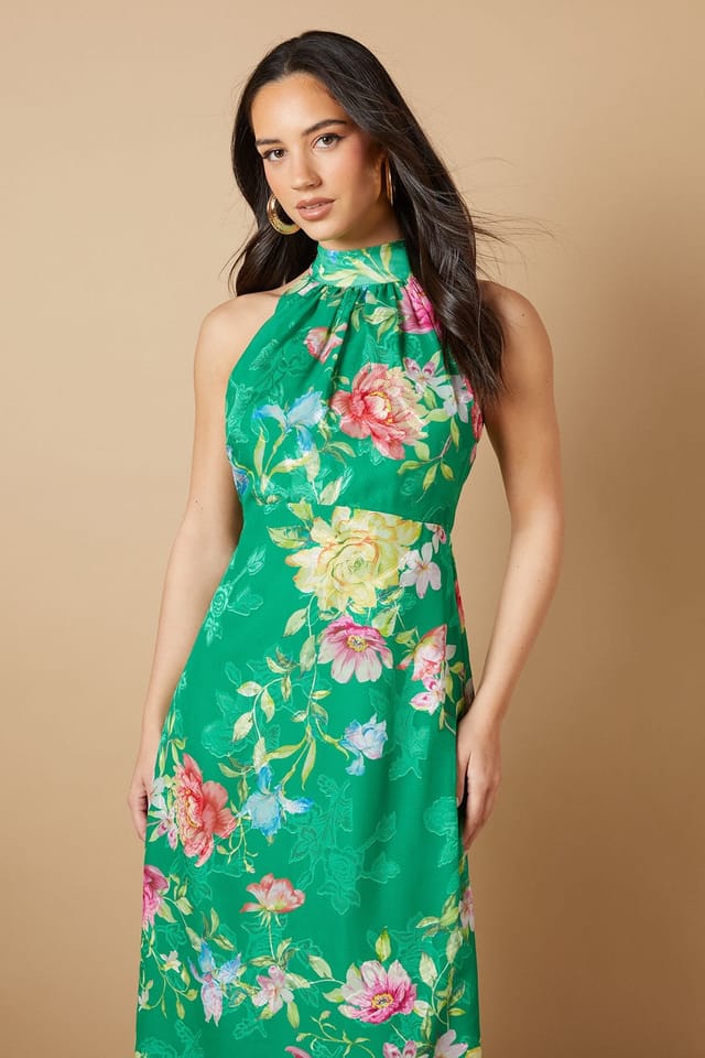 Oasis Oasis Women's Floral Satin Burnout Halterneck Midi Dress in Green - 2