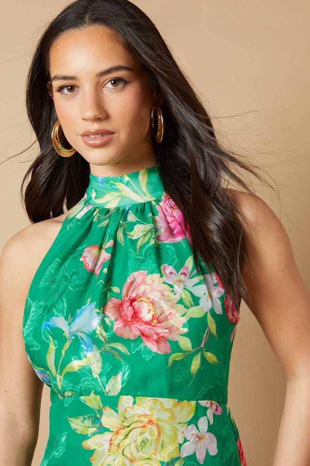 Oasis Oasis Women's Floral Satin Burnout Halterneck Midi Dress in Green - 3