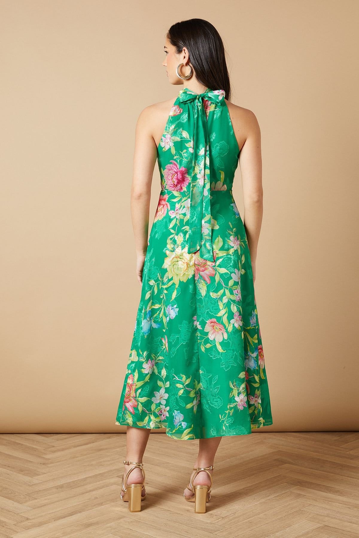 Oasis Oasis Women's Floral Satin Burnout Halterneck Midi Dress in Green - 4