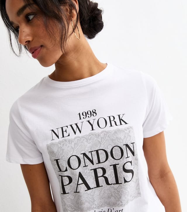 New Look Women's White Cotton London Paris Logo T-Shirt New Look - 2