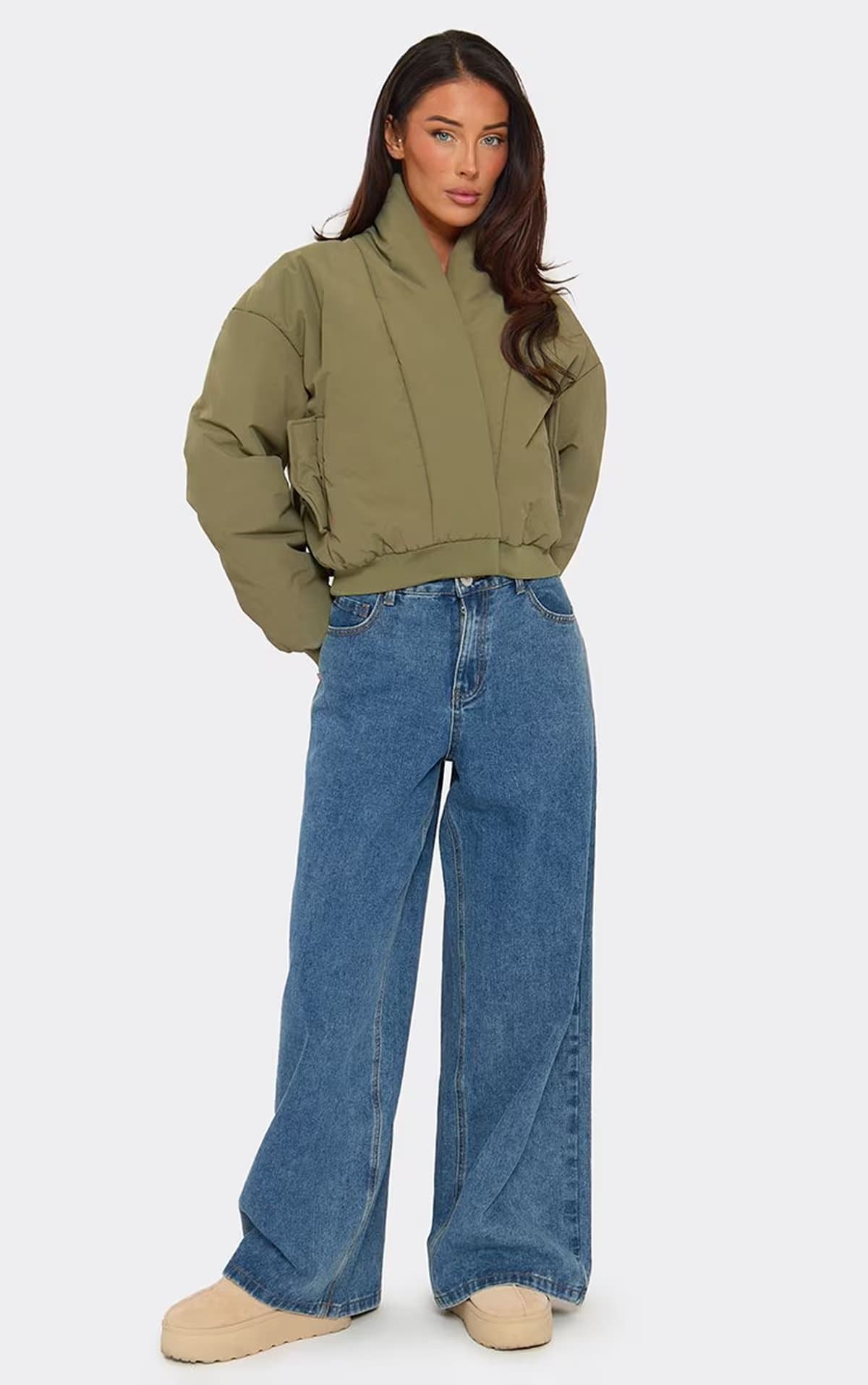 EGO Long Sleeve Wrap Front Bomber Puffer Jacket In Khaki, Women's Size UK 6