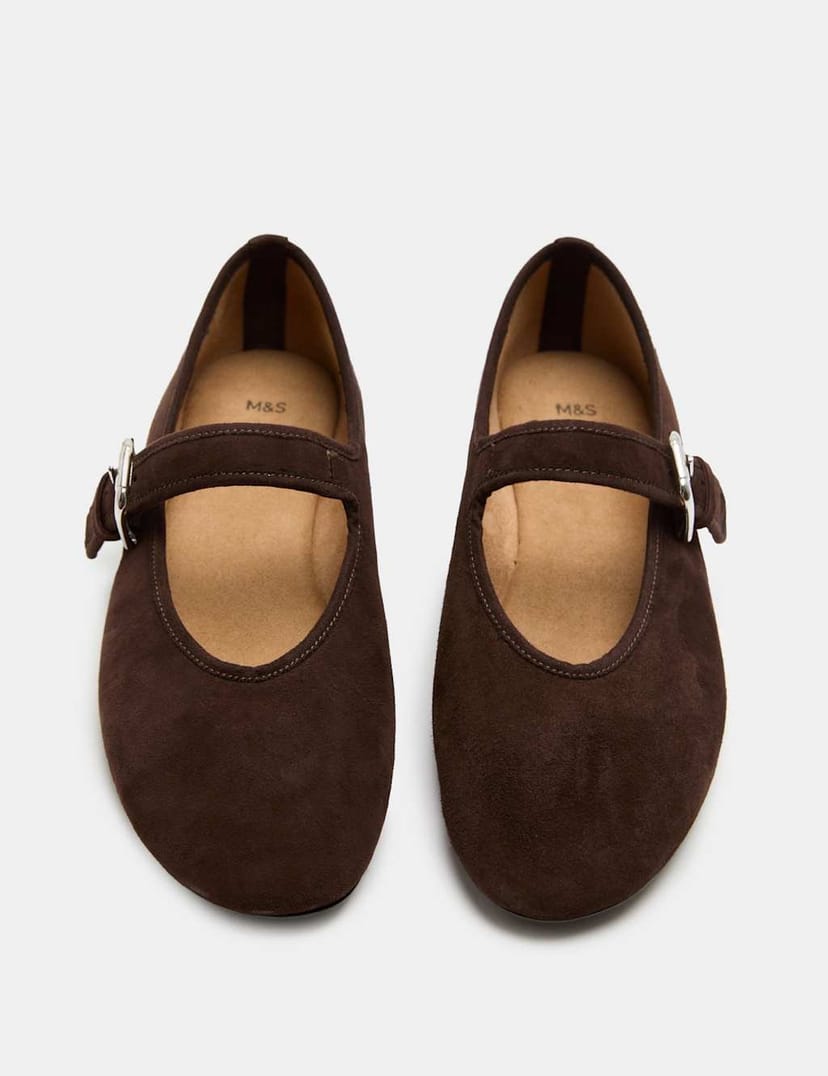 Marks & Spencer M&S Suede Flat Mary Jane Ballet Pumps Brown - 1