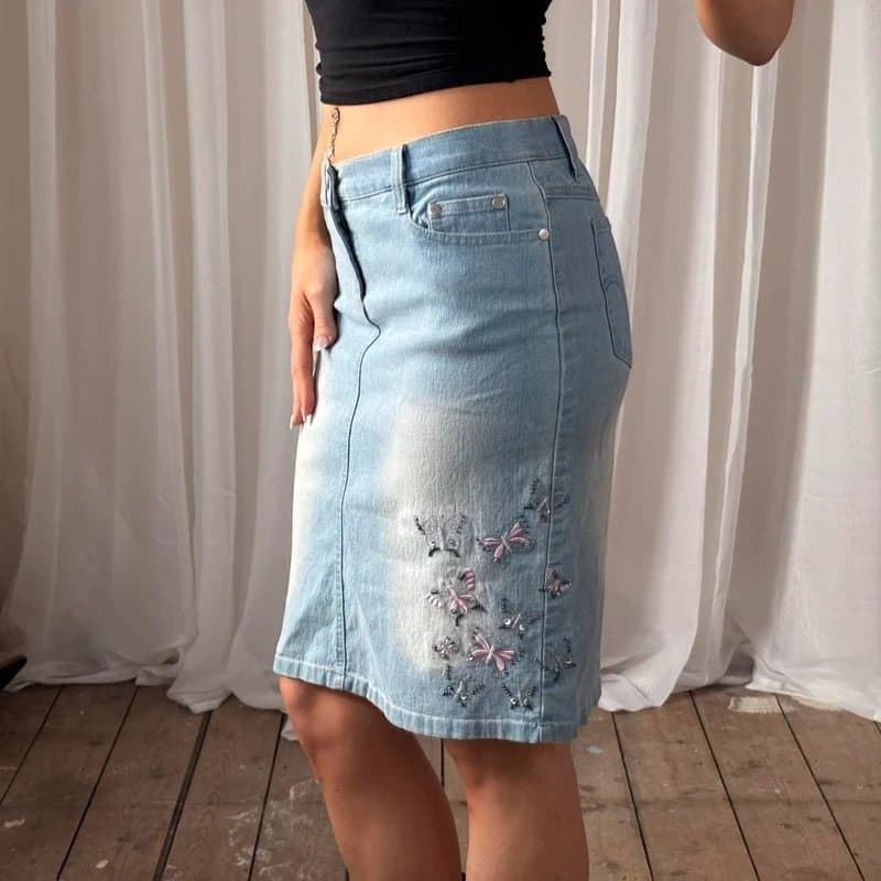 New Look Y2K butterfly beaded embellished denim midi skirt low waisted