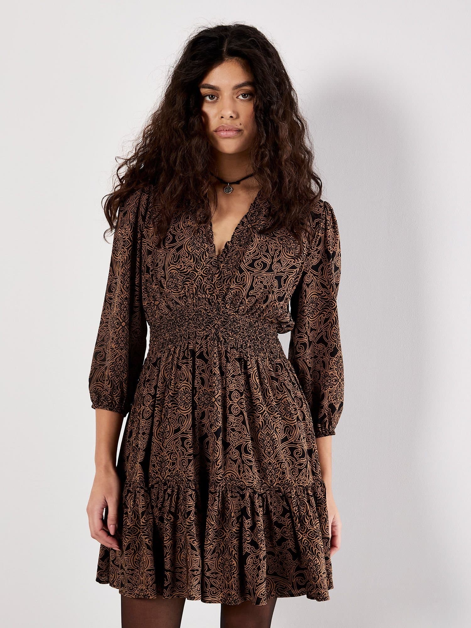 Apricot Apricot Women's Paisley Ruffle Soft Mini Dress in Terracotta