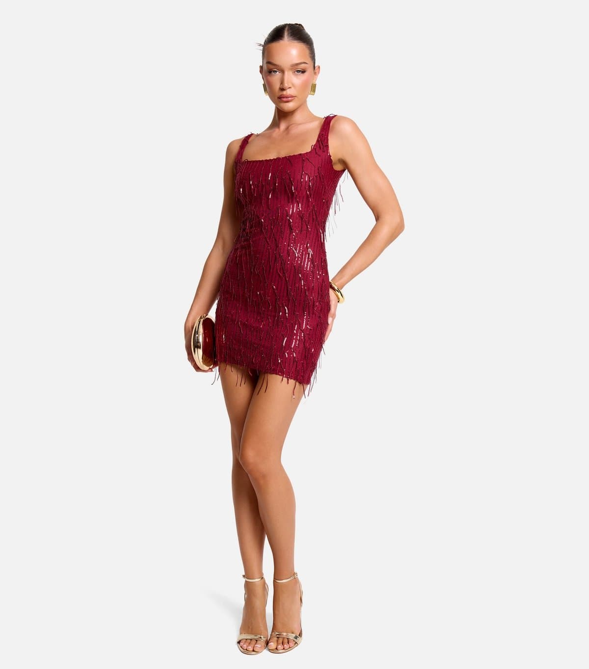 Public Desire Women's Bright Red Square Neck Sequin Tassel Mini Dress Public Desire New Look