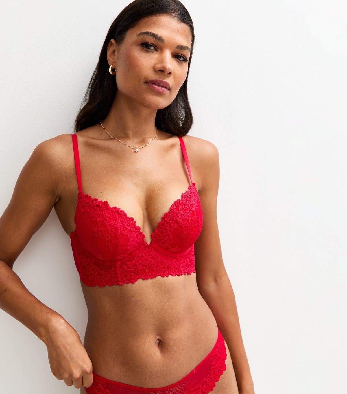 New Look Women's Red Lace Mesh Longline Push Up Bra New Look
