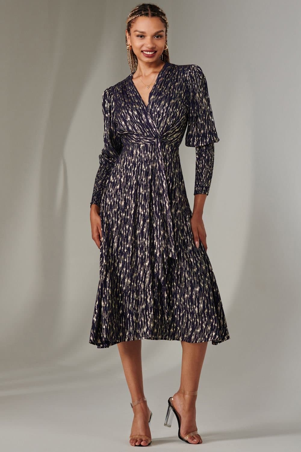 Jolie Moi Jolie Moi Women's Layla Long Sleeve Metallic Wrap Dress in Navy