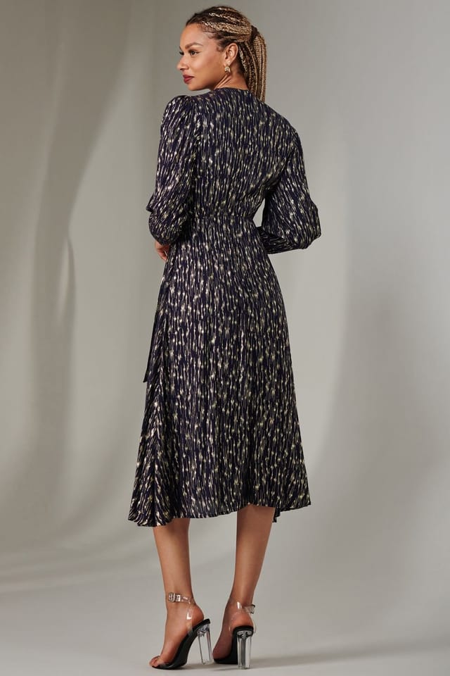 Jolie Moi Jolie Moi Women's Layla Long Sleeve Metallic Wrap Dress in Navy - 2