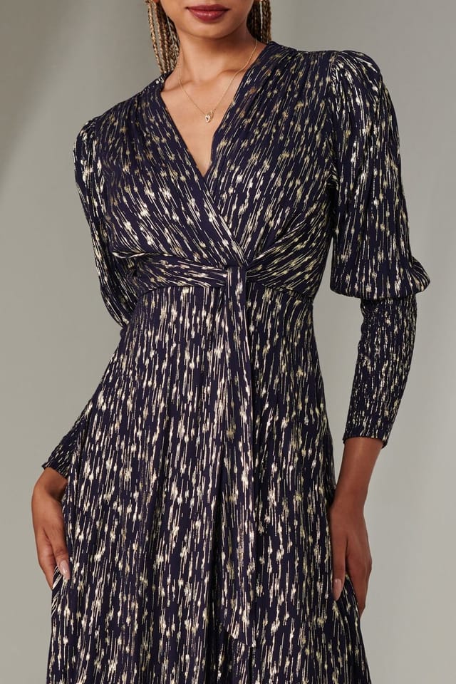 Jolie Moi Jolie Moi Women's Layla Long Sleeve Metallic Wrap Dress in Navy - 3