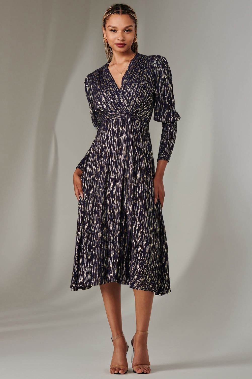 Jolie Moi Jolie Moi Women's Layla Long Sleeve Metallic Wrap Dress in Navy - 4