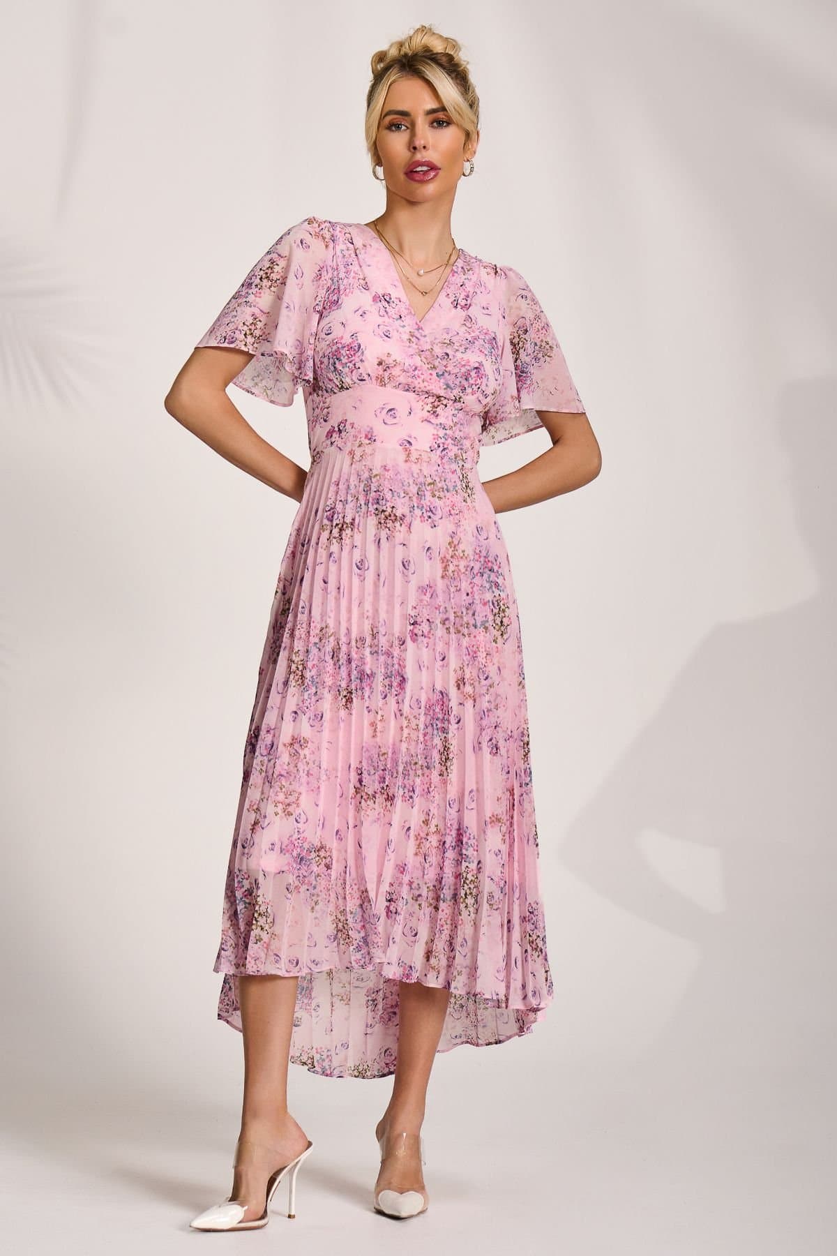 Jolie Moi Jolie Moi Women's Printed Chiffon Pleated Maxi Dress in Pink