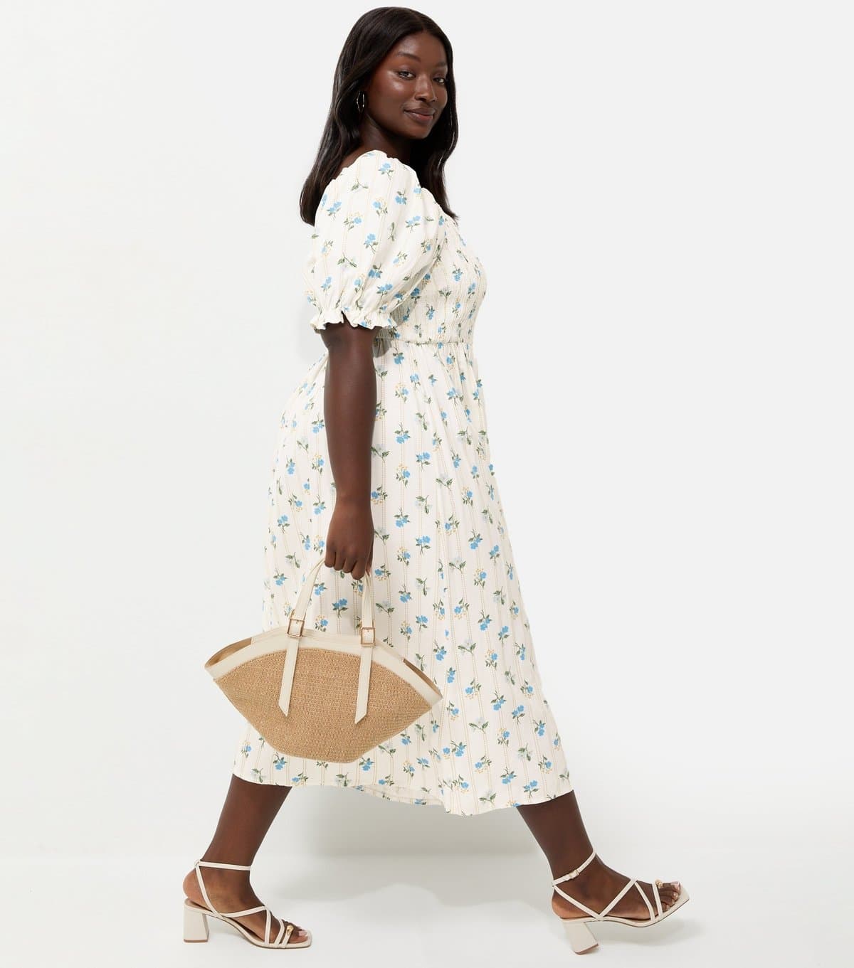 New Look Women's Plus Size Cream Floral Pleated Compact Shirred Frill Midi Dress Curves New Look