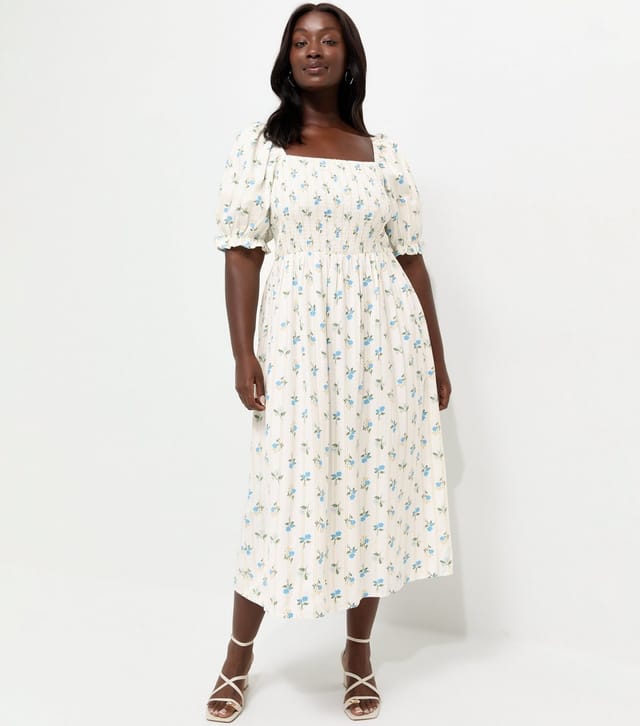 New Look Women's Plus Size Cream Floral Pleated Compact Shirred Frill Midi Dress Curves New Look - 2