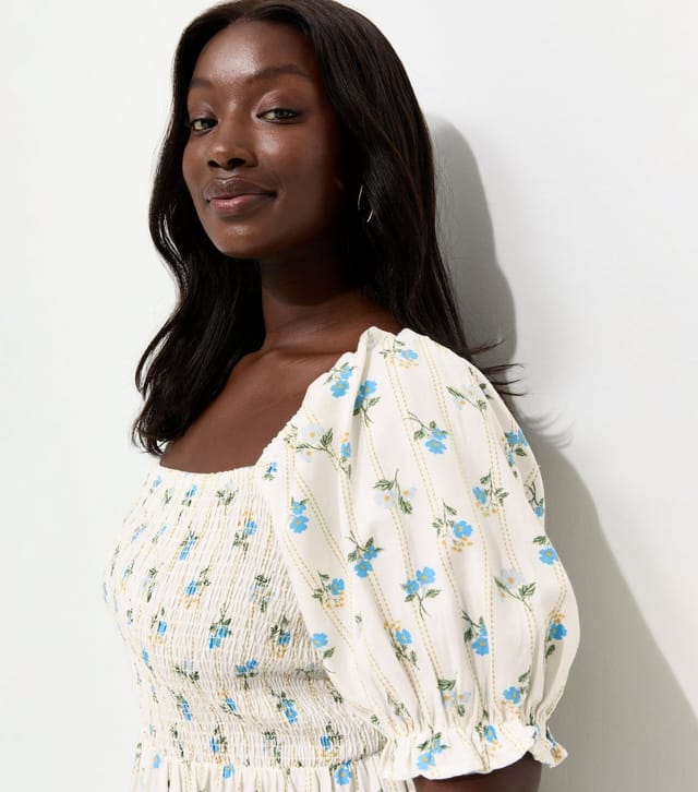 New Look Women's Plus Size Cream Floral Pleated Compact Shirred Frill Midi Dress Curves New Look - 3