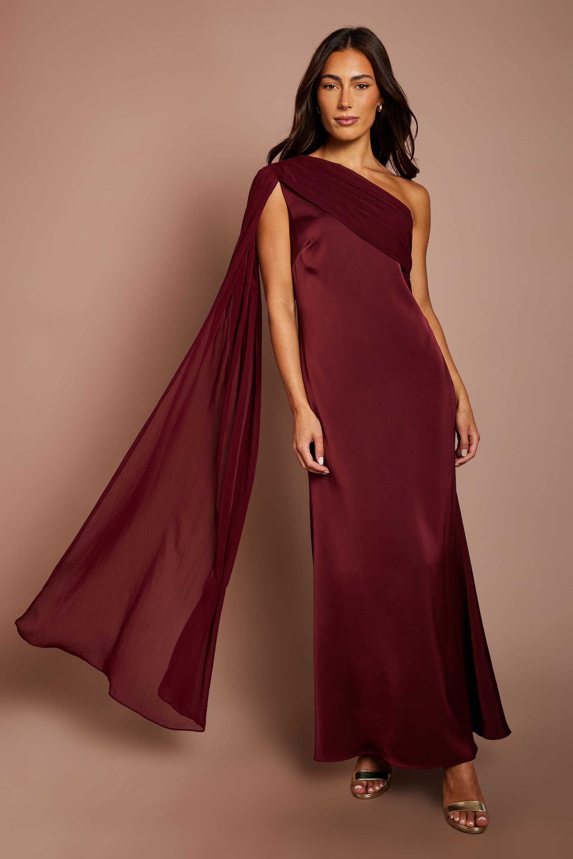 Coast Coast Women's Shoulder Chiffon Drape Maxi Dress in Oxblood