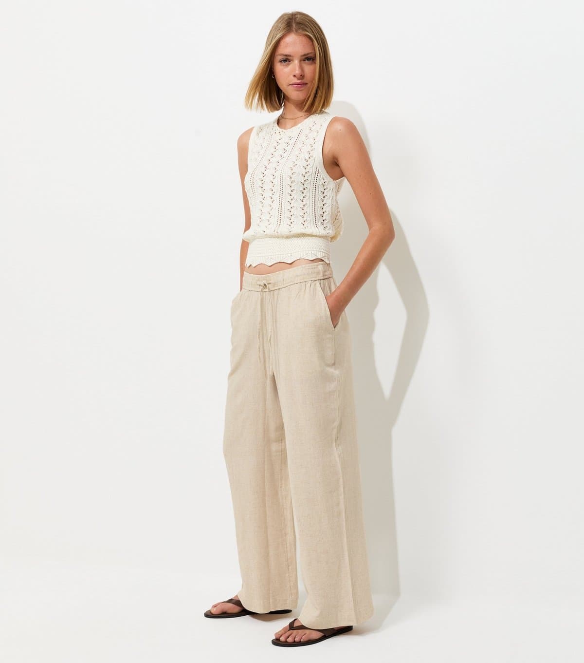 New Look Women's Stone Linen Look Wide Leg Drawstring Trousers New Look