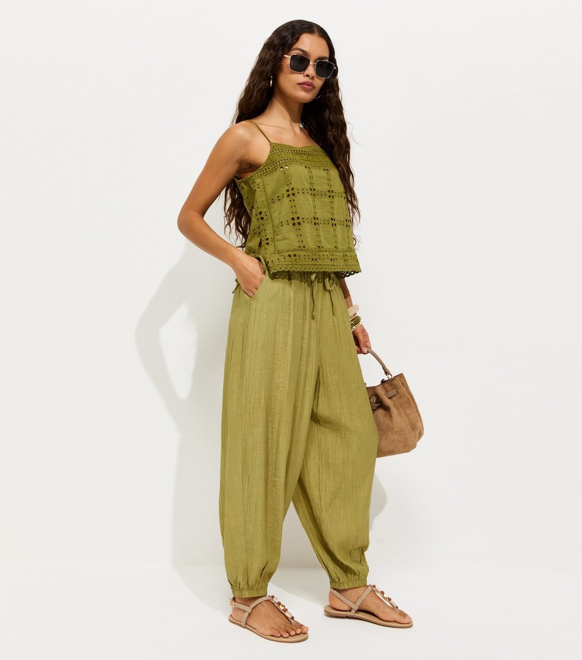 New Look New Look Olive Pleated Wide Leg Petite Trousers