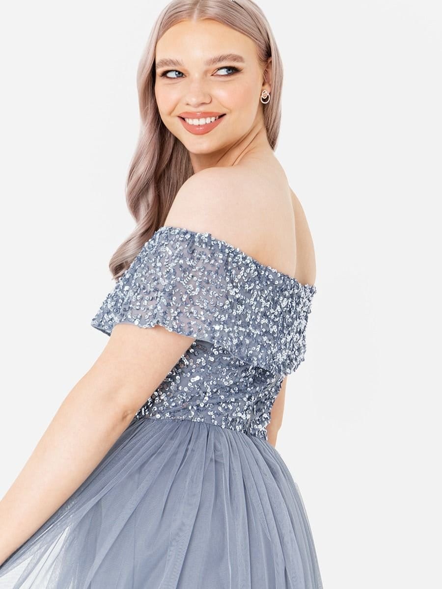 Maya Deluxe Maya Deluxe Women's Bardot Embellished Midi Dress in Blue - 4