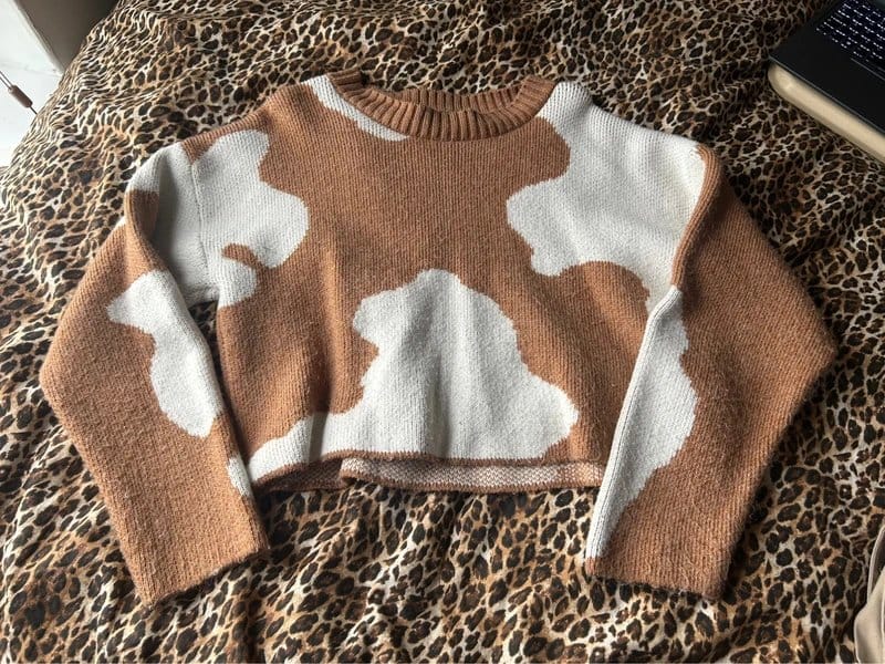 Stradivarius Brown Cow Print Cropped Jumper