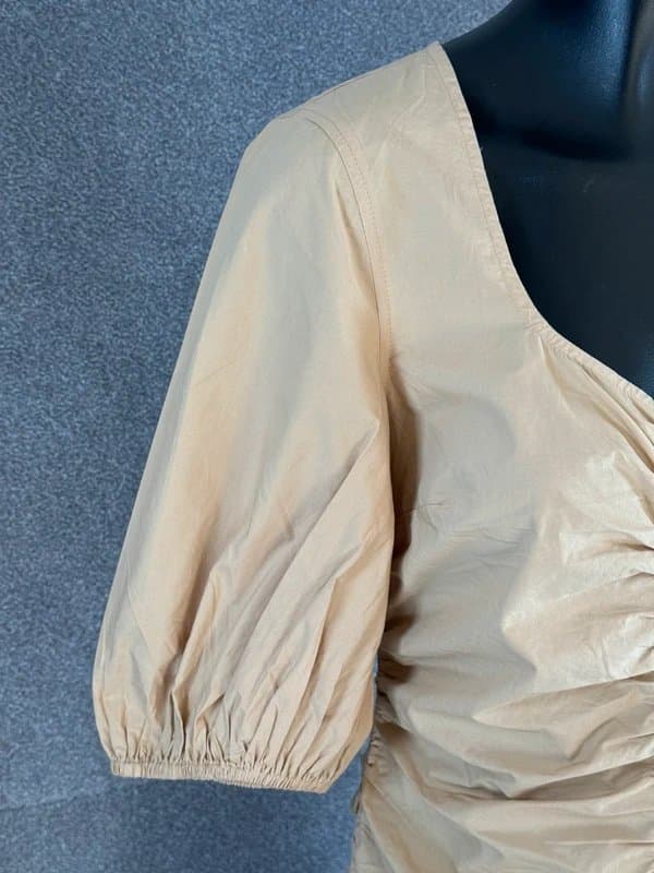 Ganni Ganni Organic Cotton Midi Dress UK 8 Beige Ruched Puff Sleeve Button New