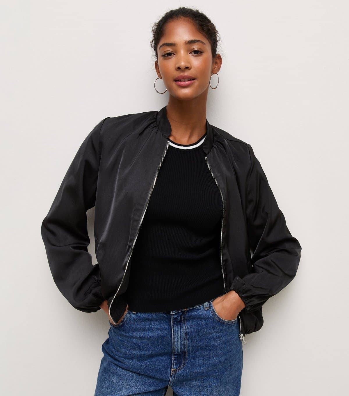 New Look Women's Black Satin Bomber Jacket New Look