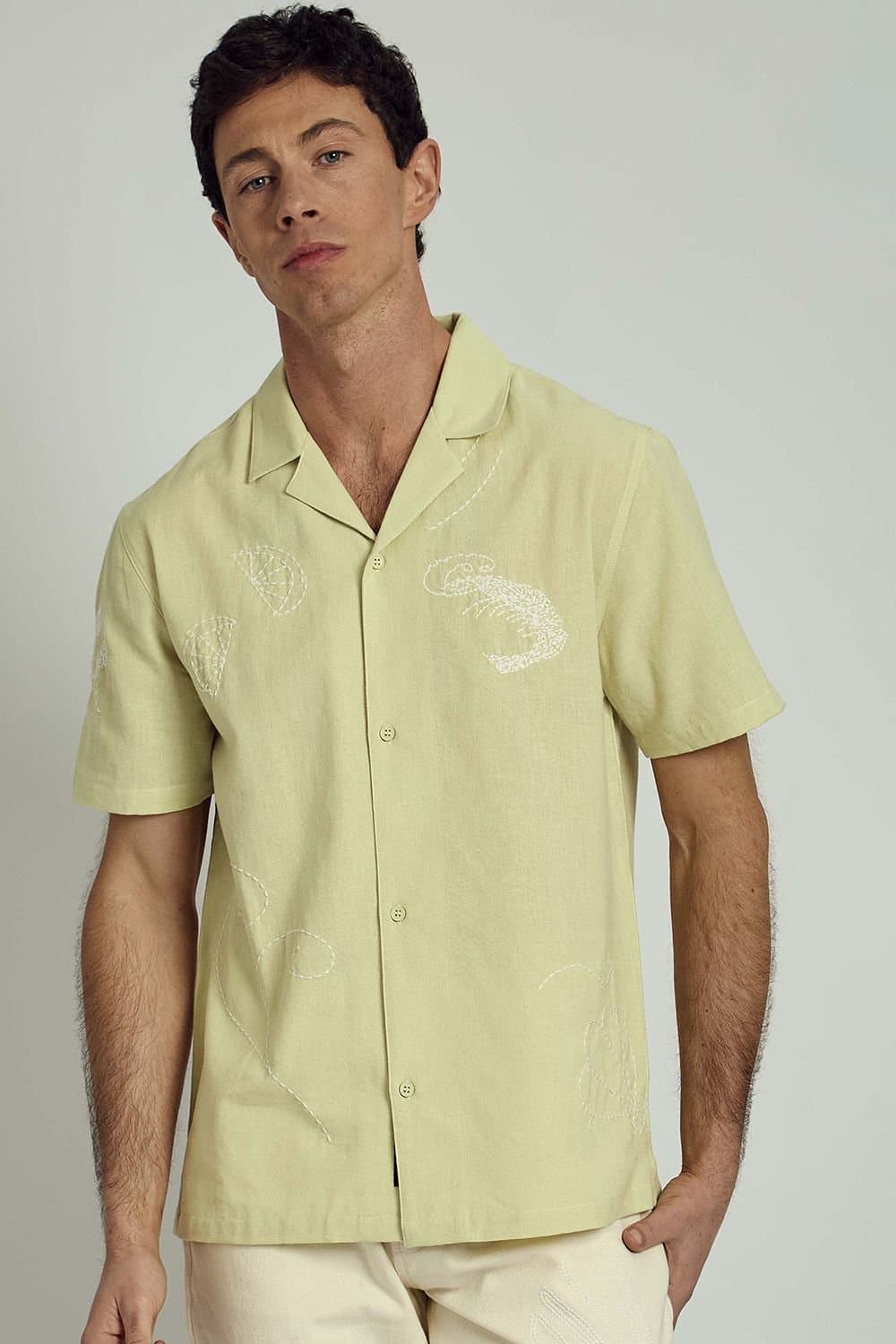 Native Youth Native Youth Men's Cotton Linen Short Sleeve Embroidered Shirt in Lime