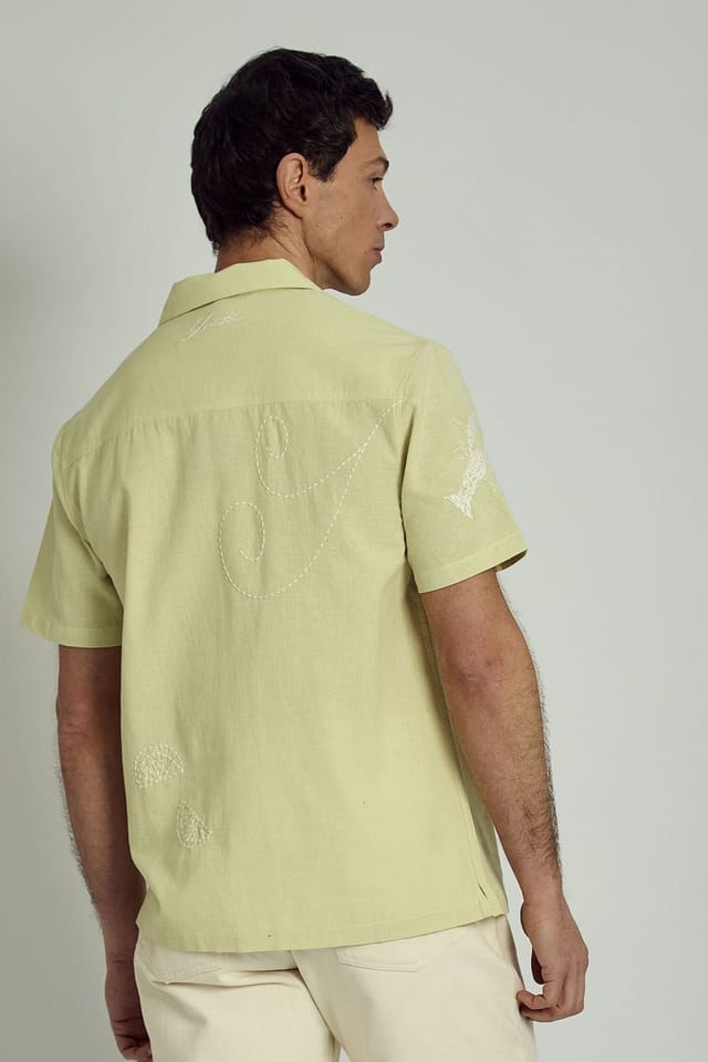 Native Youth Native Youth Men's Cotton Linen Short Sleeve Embroidered Shirt in Lime - 2