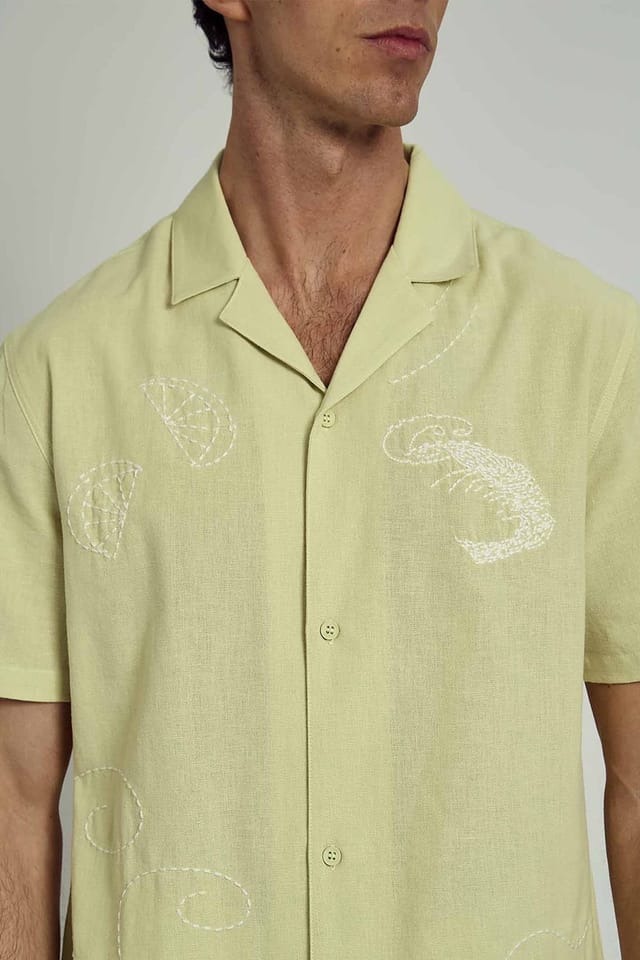 Native Youth Native Youth Men's Cotton Linen Short Sleeve Embroidered Shirt in Lime - 3
